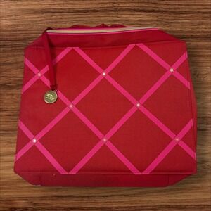 Estee Lauder Red Pink Cosmetic Makeup Bag Travel‎ Bow Gold Zipper Charm
